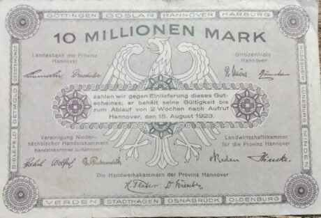 Реверс банкноты 10000000 марок provincial joint issue of Handelskammer, Landwirtschaftskammer and Handwerkskammer Hannover (Германия) 1923 года
