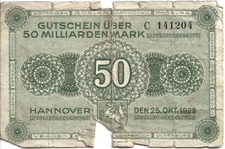 Аверс банкноты 50000000000 znaków prowincjonalne wspólne wydanie Handelskammer, Landwirtschaftskammer i Handwerkskammer Hannover (Niemcy) 1923