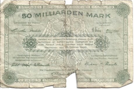 Реверс банкноты 50000000000 znaków prowincjonalne wspólne wydanie Handelskammer, Landwirtschaftskammer i Handwerkskammer Hannover (Niemcy) 1923