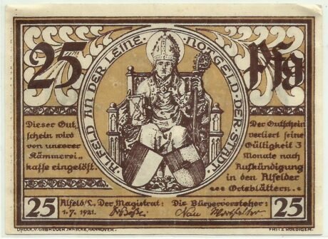 Аверс банкноты 25 fenigów (Niemcy) 1921