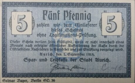 Аверс банкноты 5 fenigów Spar- und Leihkasse (Niemcy) 1918