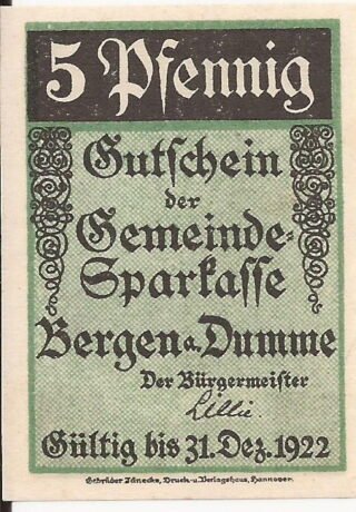 Аверс банкноты 5 fenigów Gemeinde-Sparkasse (Niemcy) 1922