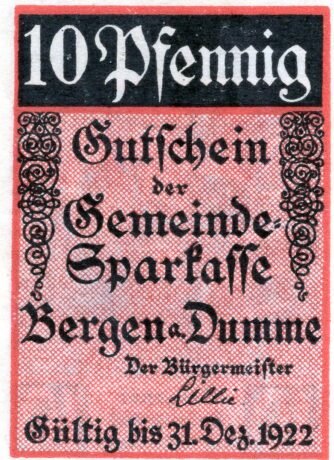 Аверс банкноты 10 fenigów Gemeinde-Sparkasse (Niemcy) 1922