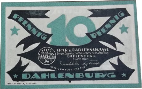 Аверс банкноты 10 fenigów Spar- und Darlehnskasse (Niemcy) 1920