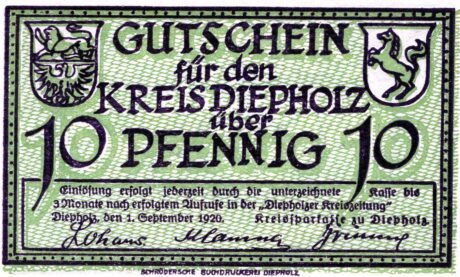 Аверс банкноты 10 fenigów (Niemcy) 1920