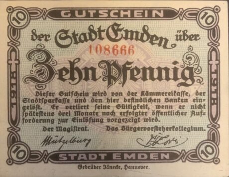 Аверс банкноты 10 fenigów (Niemcy) 1918