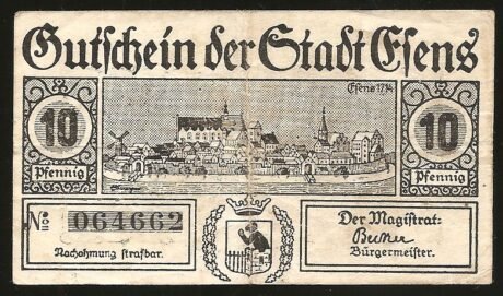 Аверс банкноты 10 fenigów (Niemcy)