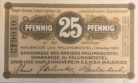 Аверс банкноты 25 fenigów Sparkasse (Niemcy) 1919