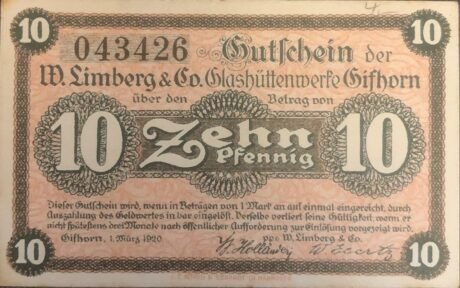 Аверс банкноты 10 fenigów W. Limberg & Co. (Niemcy) 1920
