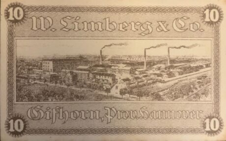 Реверс банкноты 10 fenigów W. Limberg & Co. (Niemcy) 1920
