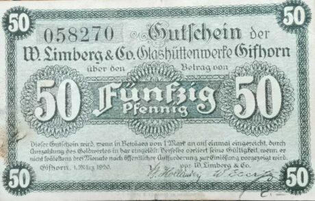 Аверс банкноты 50 пфеннигов W. Limberg & Co. (Германия) 1920 года