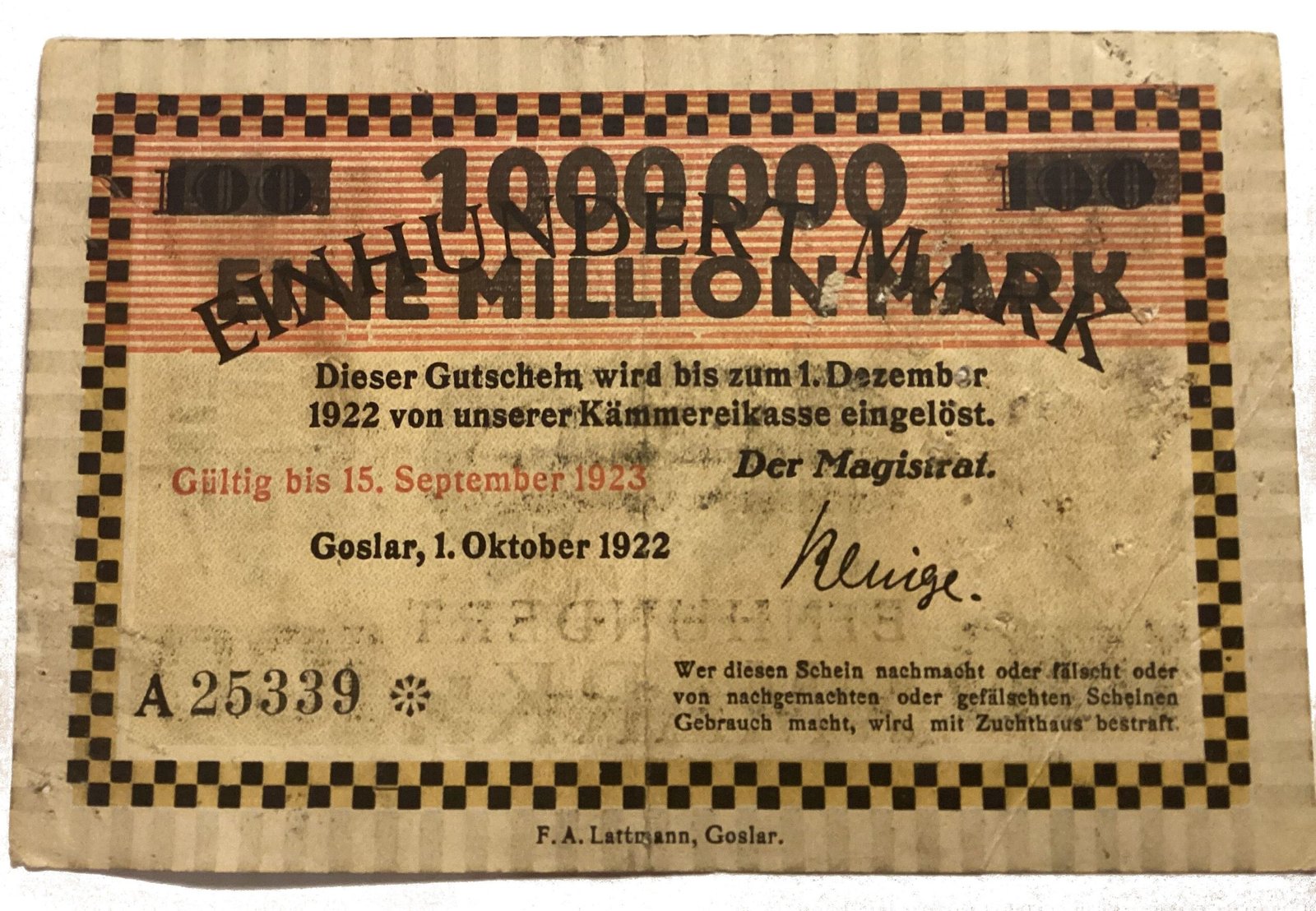 Аверс банкноты 1000000 марок overprint on 100 марок (Германия)