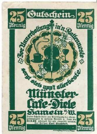Аверс банкноты 25 fenigów Münster Cafe Diele (Niemcy)