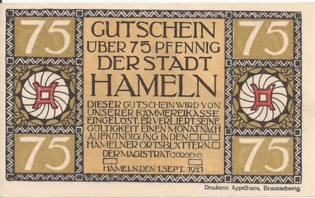 Аверс банкноты 75 пфеннигов (Германия) 1921 года