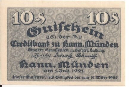Аверс банкноты 10 fenigów Creditbank (Niemcy) 1921