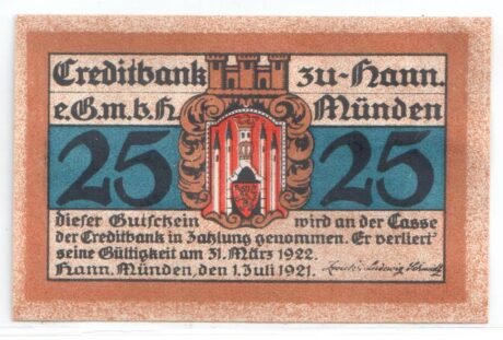 Аверс банкноты 25 fenigów Creditbank (Niemcy) 1921