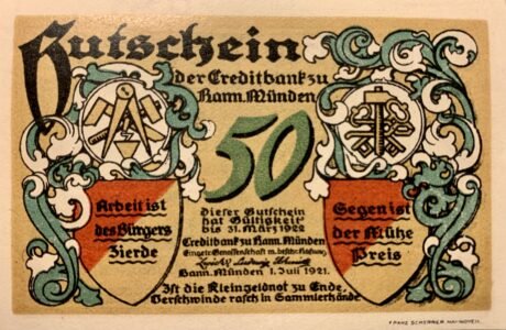 Аверс банкноты 50 fenigów Creditbank (Niemcy) 1921