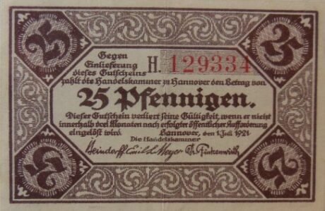 Аверс банкноты 25 fenigów Handelskammer, awers „Pfennigen” (Niemcy) 1921
