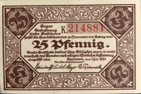 Аверс банкноты 25 fenigów Handelskammer, „Pfennig” na awersie (Niemcy) 1921