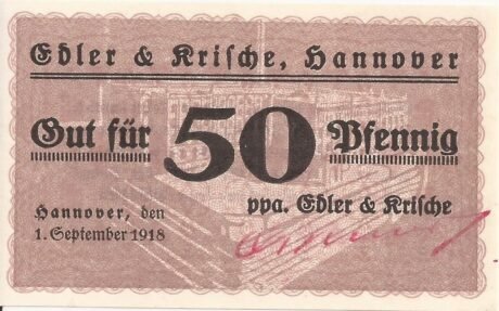 Аверс банкноты 50 fenigów Edler i Krische (Niemcy) 1918