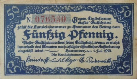 Аверс банкноты 50 fenigów Handelskammer, „Pfennig” na awersie (Niemcy) 1921