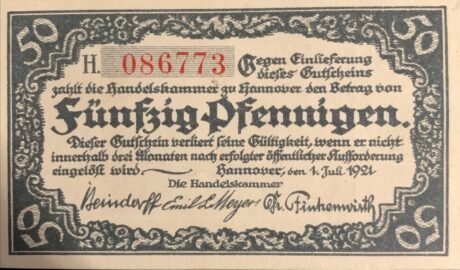 Аверс банкноты 50 fenigów Handelskammer, awers „Pfennigen” (Niemcy) 1921