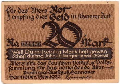 Аверс банкноты 20 znaczków Altershilfe des deutschen Volkes (Niemcy) 1922