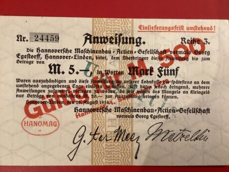 Аверс банкноты 500 marek Hannoversche Maschinenbau-AG; nadruk na 5 markach (Niemcy) 1922