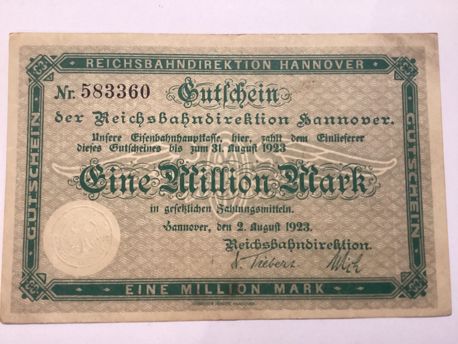 Аверс банкноты 1000000 марок Reichsbahndirektion (Германия) 1923 года