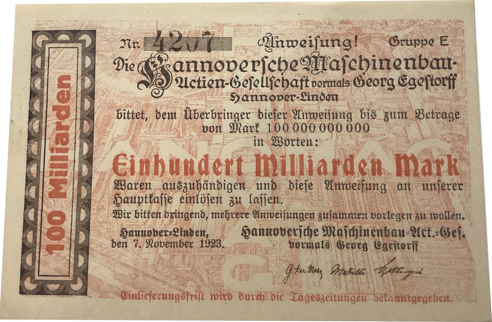 Аверс банкноты 100000000000 марок Hannoversche Maschinenbau-AG (Германия) 1923 года