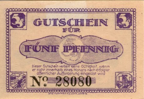 Реверс банкноты 5 fenigów (Niemcy) 1921