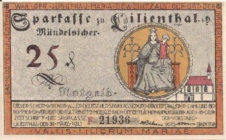 Аверс банкноты 25 fenigów Sparkasse (Niemcy) 1921
