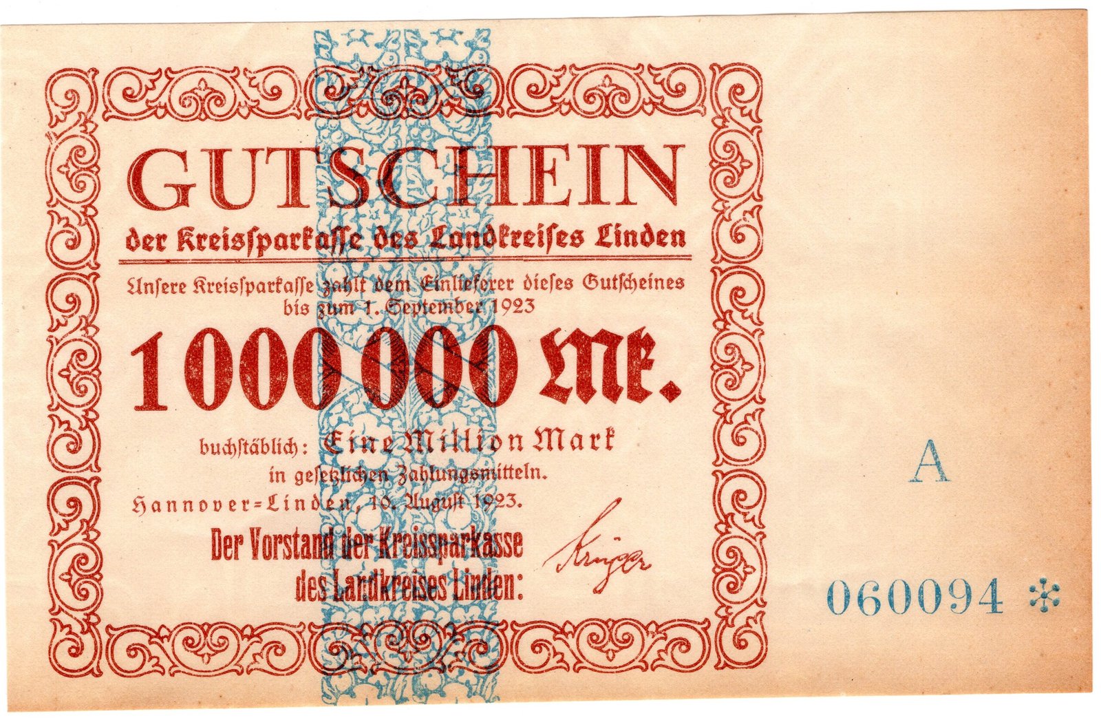 Аверс банкноты 1000000 марок Kreissparkasse (Германия) 1923 года