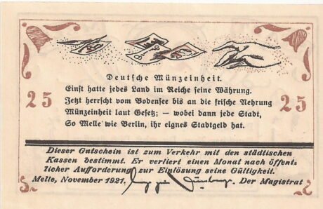 Реверс банкноты 25 fenigów (Niemcy) 1921