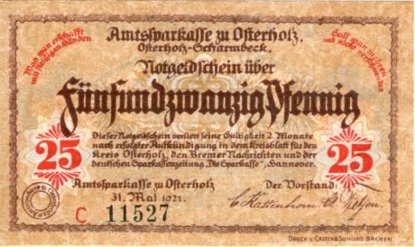 Аверс банкноты 25 пфеннигов Amtssparkasse (Германия) 1921 года