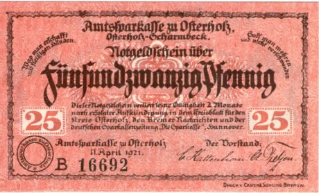 Аверс банкноты 25 пфеннигов Amtssparkasse (Германия) 1921 года