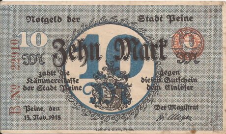 Аверс банкноты 10 marek (Niemcy) 1918