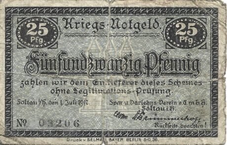 Аверс банкноты 25 fenigów Spar- und Darlehnsverein Soltau (Niemcy) 1917