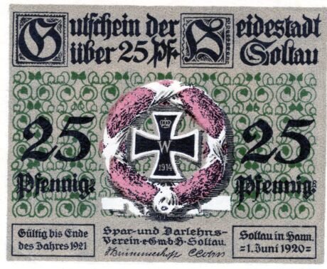 Аверс банкноты 25 fenigów Spar- und Darlehnsverein Soltau (Niemcy) 1919