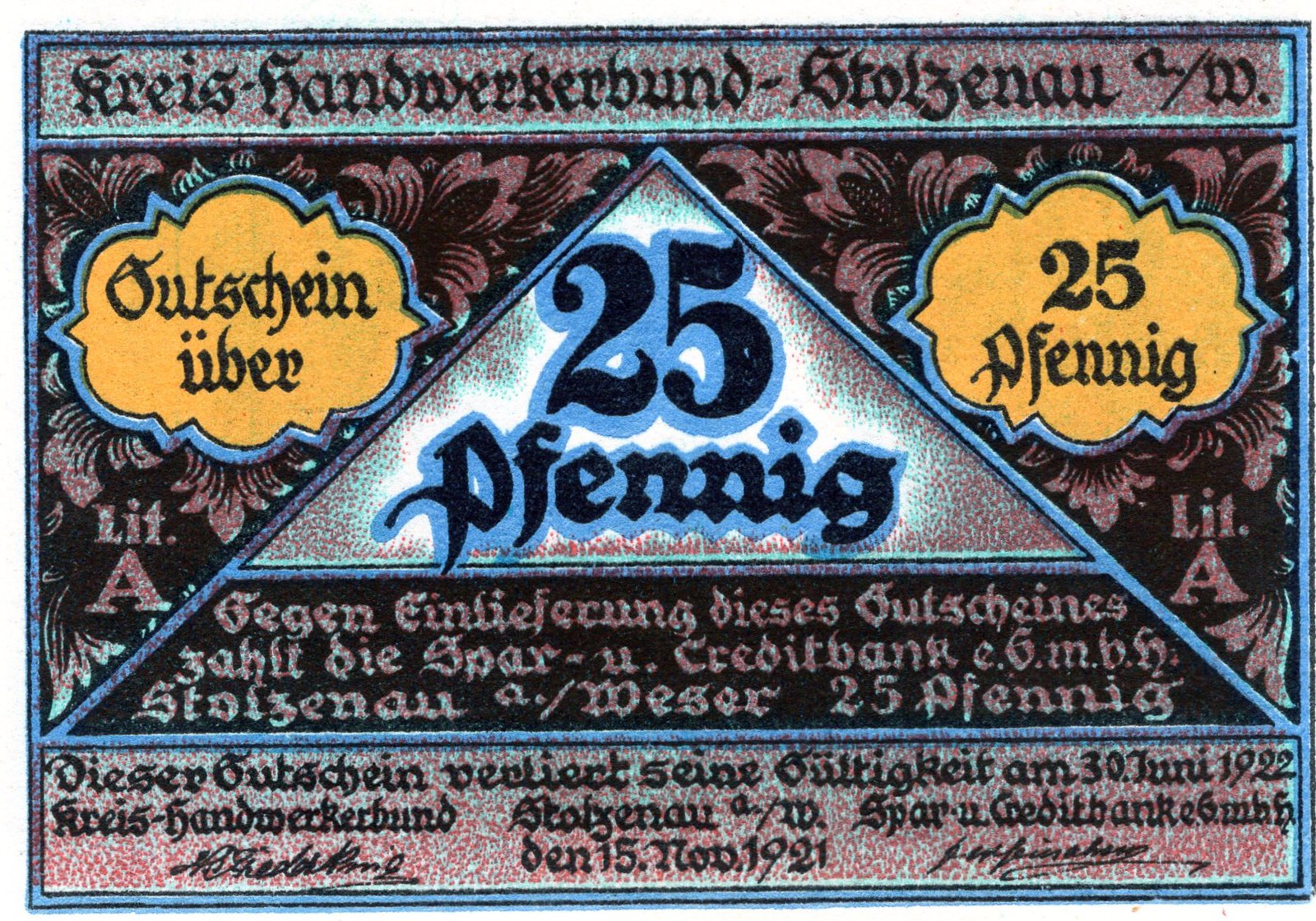 Аверс банкноты 25 пфеннигов Kreis-Handwerkerbund (Германия) 1921 года