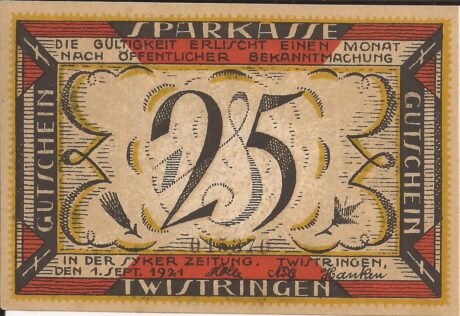 Аверс банкноты 25 fenigów Sparkasse (Niemcy) 1921