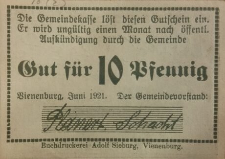 Аверс банкноты 10 fenigów (Niemcy) 1921