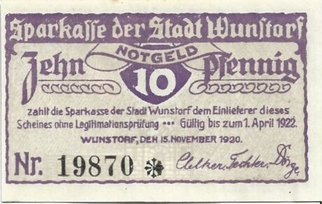 Аверс банкноты 10 fenigów Sparkasse (Niemcy) 1920