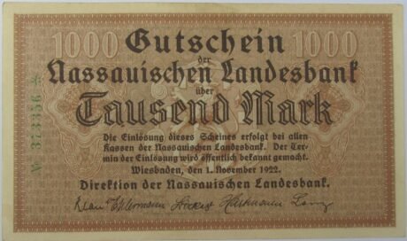 Аверс банкноты 1000 марок Nassauische Landesbank (Германия) 1922 года