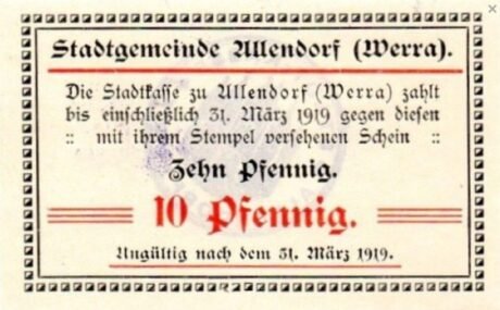 Аверс банкноты 10 fenigów (Niemcy) 1917