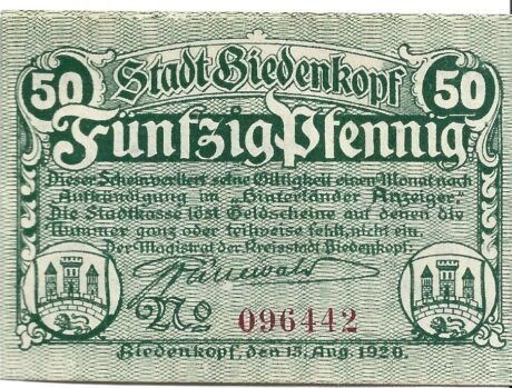 Аверс банкноты 50 fenigów (Niemcy) 1920