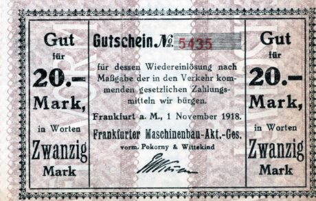 Аверс банкноты 20 Frankfurter Maschinenbau (Niemcy) 1918