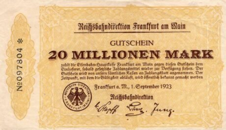 Аверс банкноты 20000000 марок Reichsbahndirektion (Германия) 1923 года