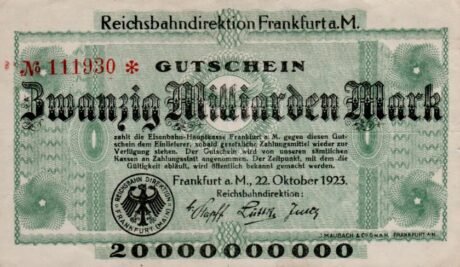 Аверс банкноты 20000000000 марок Reichsbahndirektion (Германия) 1923 года