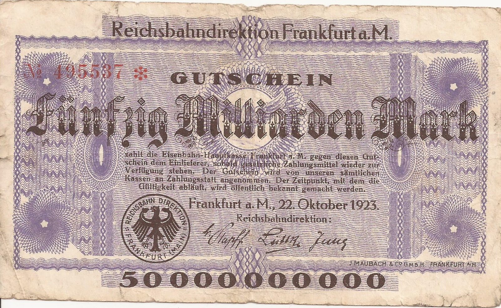 Аверс банкноты 50000000000 марок Reichsbahndirektion (Германия) 1923 года